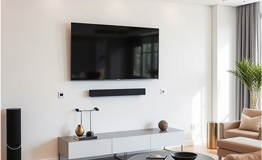 A flat-screen TV mounted on a wall with concealed wires.