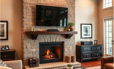TV mounted above a brick fireplace with concealed wires